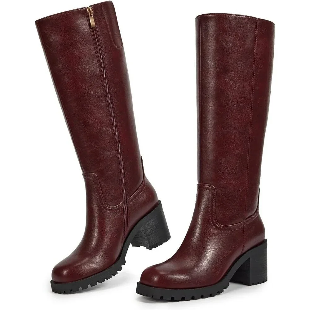 Women Brown Chunky Low Heel Square Toe Elastic Tall Boots Side Zipper PU Lea